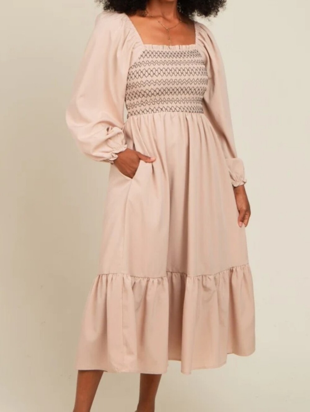 Baltic Born Tan Smocked Balloon Sleeve Tiered Midi Dress M Pockets Square Neck